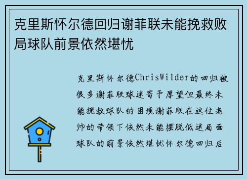 克里斯怀尔德回归谢菲联未能挽救败局球队前景依然堪忧